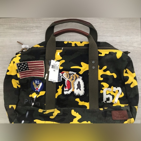 Polo Ralph Lauren Tiger Patchwork Yellow Camo Canvas Duffle Bag New Rare